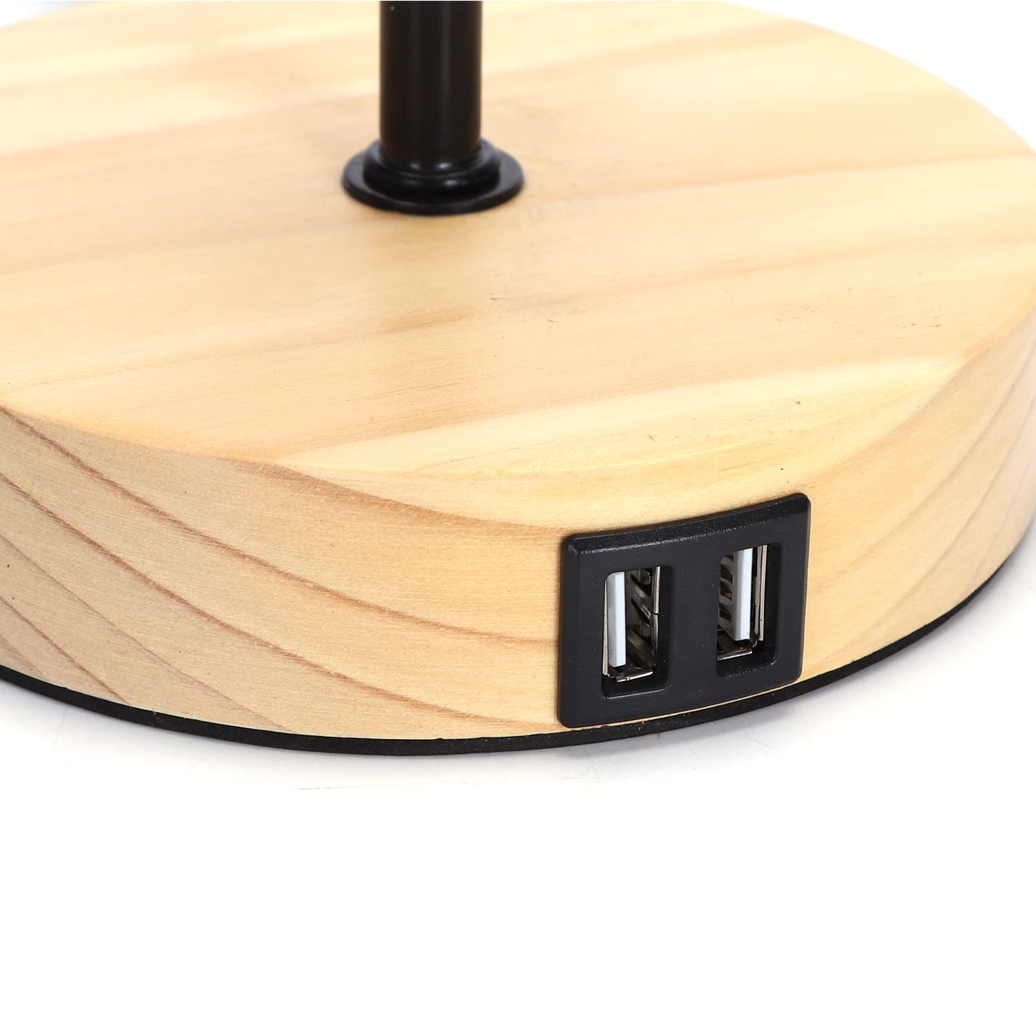 Aigostar Lampara de Mesa con 2 Puertos USB, Lampara de Noche con Interruptor de Tracción, Base de Madera, Lampara Escritorio Vintage