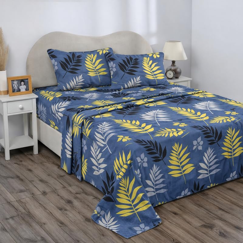 Image of BSB HOME Double Bedsheet 144 TC Microfiber with 2 Pillow Covers | Smooth, Lightweight & Quick-Dry Bed Sheet Set | Comfortable Bedding for Home, Guest Room & Daily Use - Leaf Fusion Blue