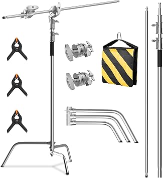 C Stand with Boom Arm, Photography Light Stand Kit - Heavy Duty C-Stand with 10.8ft/330cm Stainless Steel Pole, 4.2ft/128cm Boom Arm, Grip Heads, Sandbag for Studio Lighting, Silver