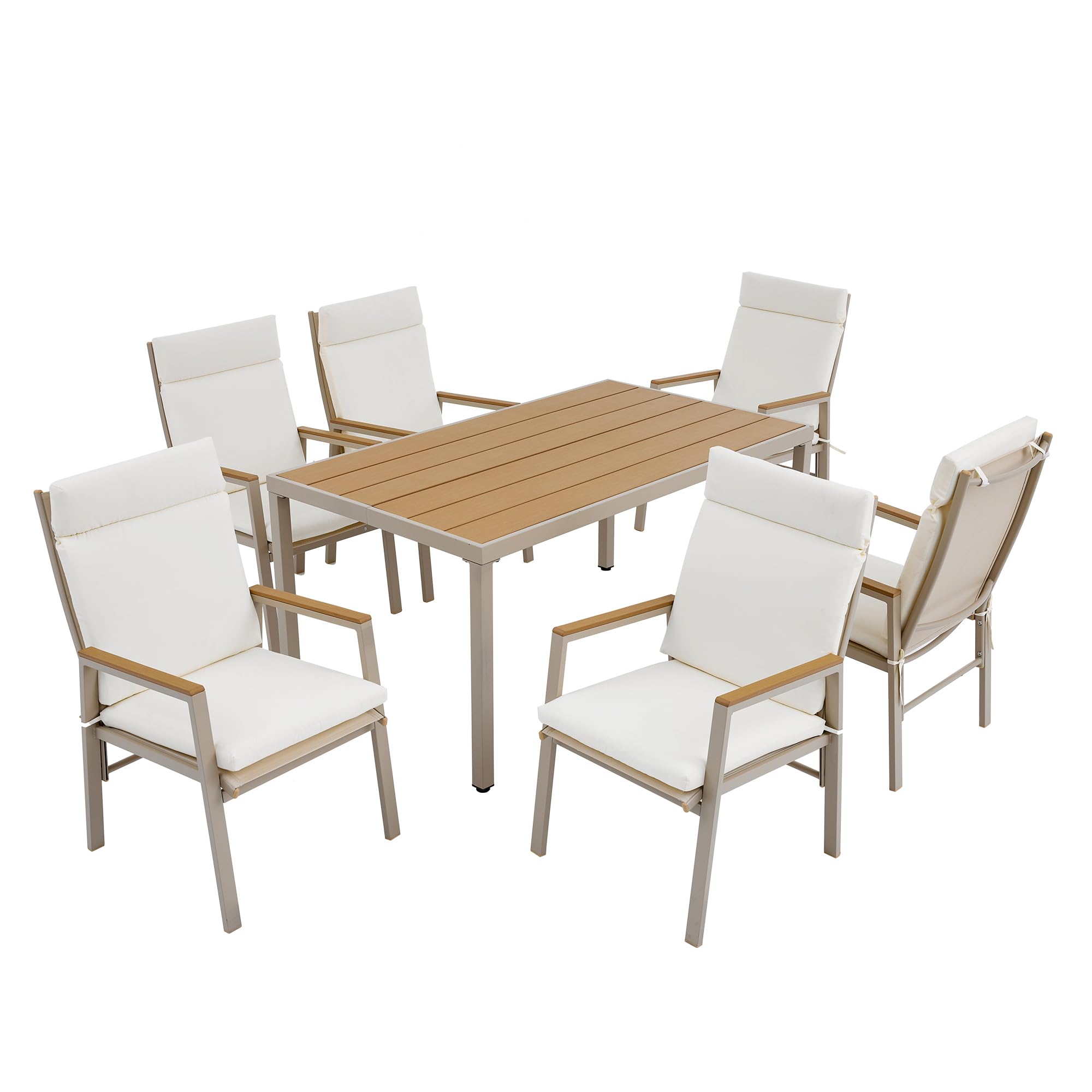 Shye Set da pranzo da giardino, 6 persone, 1 tavolo e 6 sedie, ferro zincato, piano in legno di plastica, cachi, beige