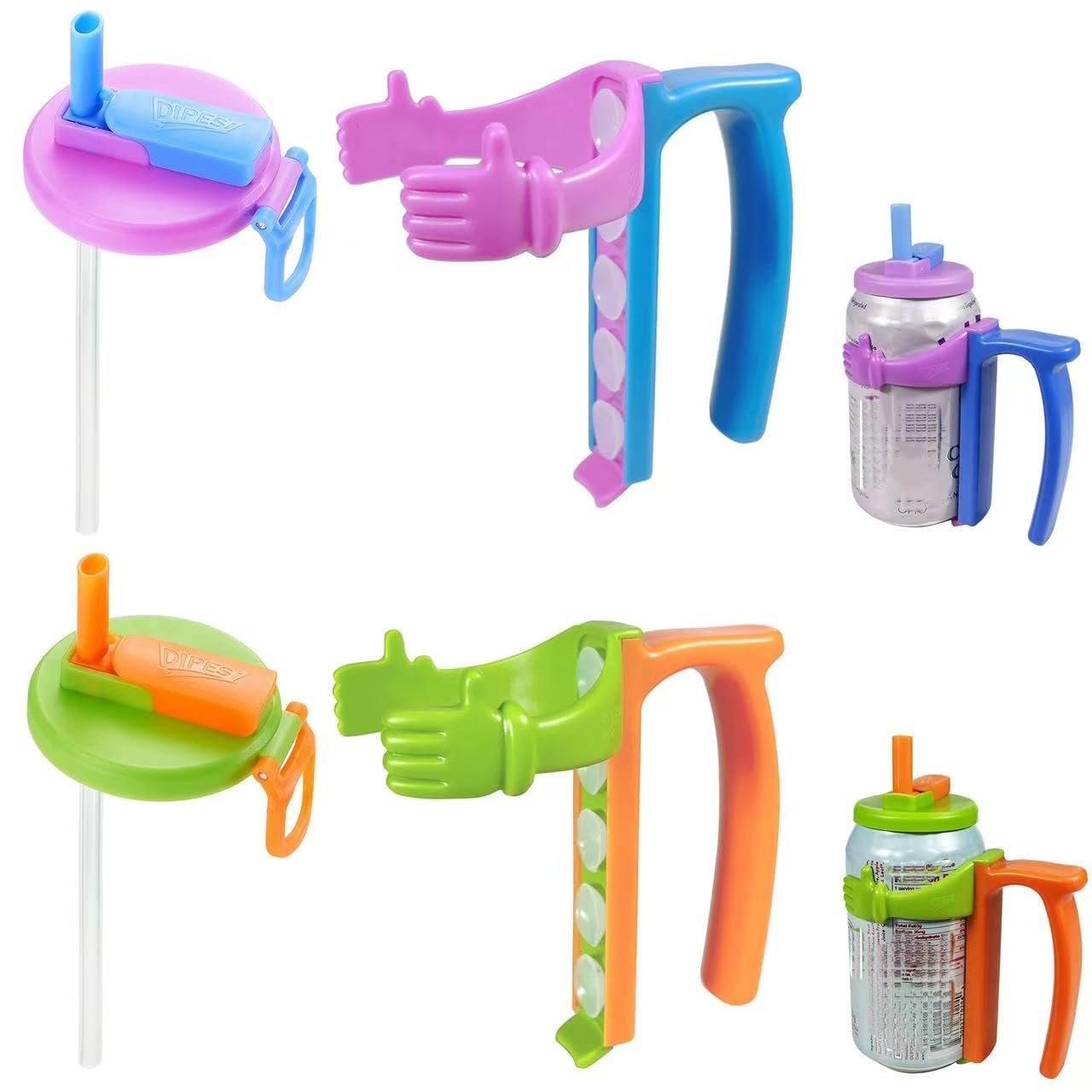 Soda Can Lids and Holders for 12oz Cans – 2 Can Covers with Straw + 2 Can Holder with Handle – For Soda, Beer, Pop – Easy to Hold, Leak-Free