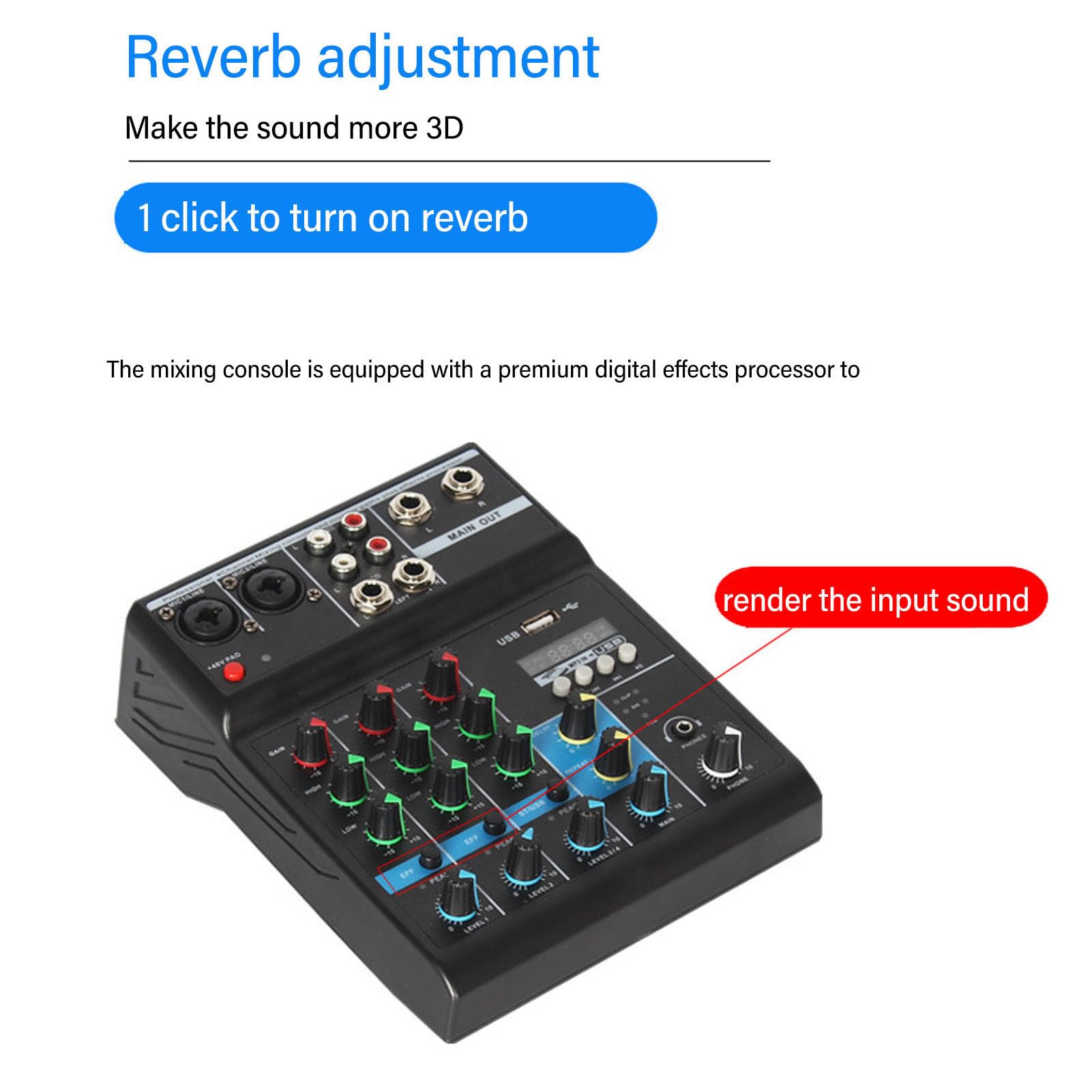 Mixer Audio Professionale con Scheda di Missaggio Audio, USB MP3 a 4 Canali, Alimentazione Phantom 48 V Stereo DJ Studio Streaming FX Processore DSP a 16 Bit