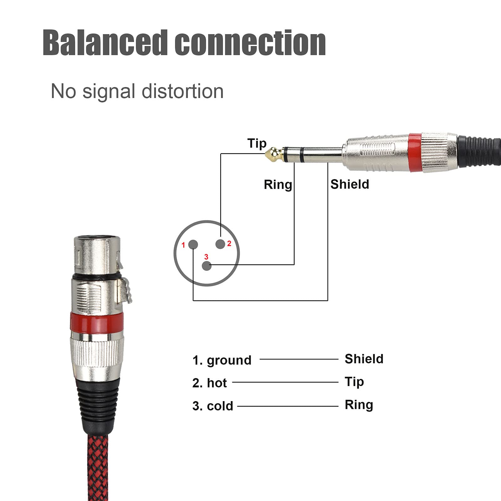 Adaptador de cable XLR hembra a TRS de 1/4 pulgadas equilibrado, cable de micrófono estéreo TRS a XLR de 15 pies de 6.35 mm, trenzado de nailon, blindado OFC, color rojo, para