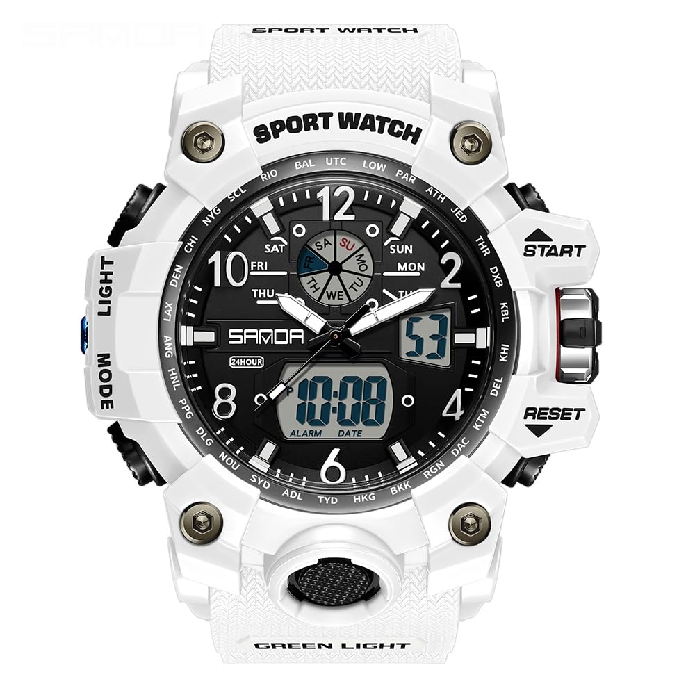 AIMES Men's Watches Outdoor Sports Waterproof Military Watch Tactical Digital Analog Wrist Watch Date Multi Function Led Large Face Alarm Stopwatch for Man white-3169