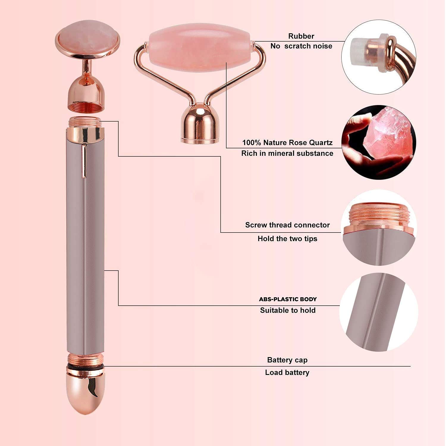 ORILEY 2 in 1 Rose Quartz Jade Roller Micro Vibrating Facial Roller Massager with Extra Eye Stone Handheld Electric Flawless Beauty Bar Skin Care Tool for Face Lift Anti-Wrinkles, Anti-Aging - Image 4 thumbnail