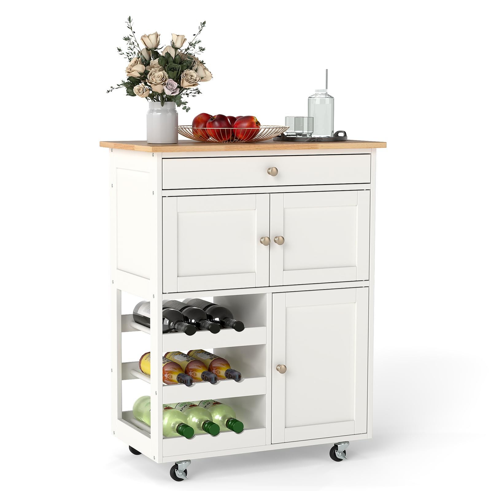 GIANTEX Carro de Cocina Móvil, Carrito Multifunción con un Cajón, 2 Armarios y Botellero de 3 Capas para Comedor, Salón, 67x37x86cm (Blanco)