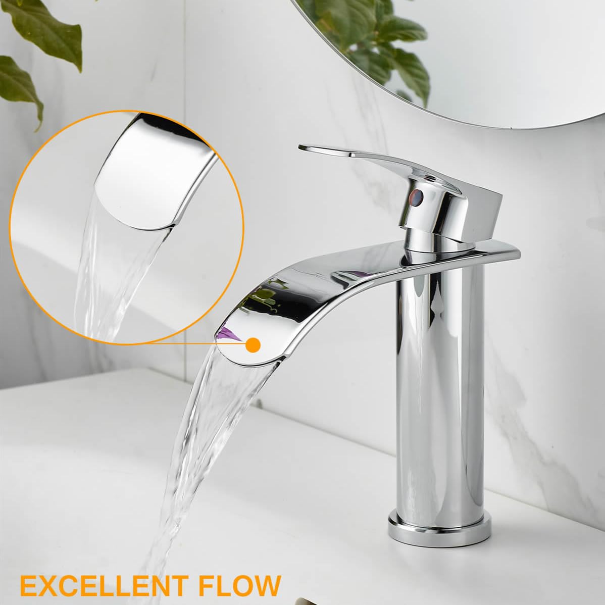 Beelee Robinet de lavabo cascade monotrou avec raccord d'eau froide et chaude G3/8", chromé, robinet moderne pour lavabo de salle de bain