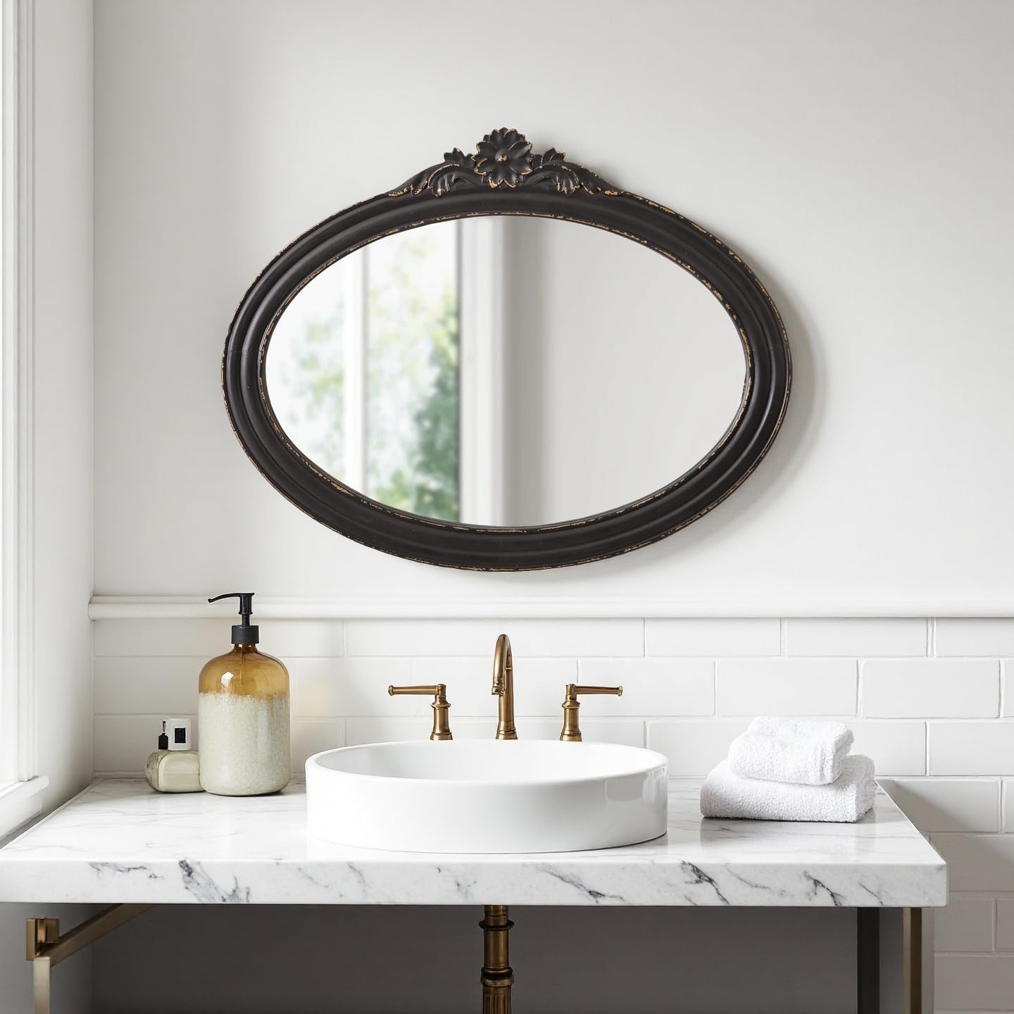 Rustic Oval Mirrors for Bathroom 30 X 24 Inch, Hanging Distressed Finish Black Wood Frame Vintage Wall Mounted Mirrors for Wall Decor Living Room Bedroom Entryway Hallway