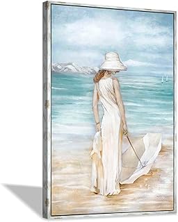 Abstract Beach Artwork Ocean Picture: Hand Painted Modern Women & Umbrel...