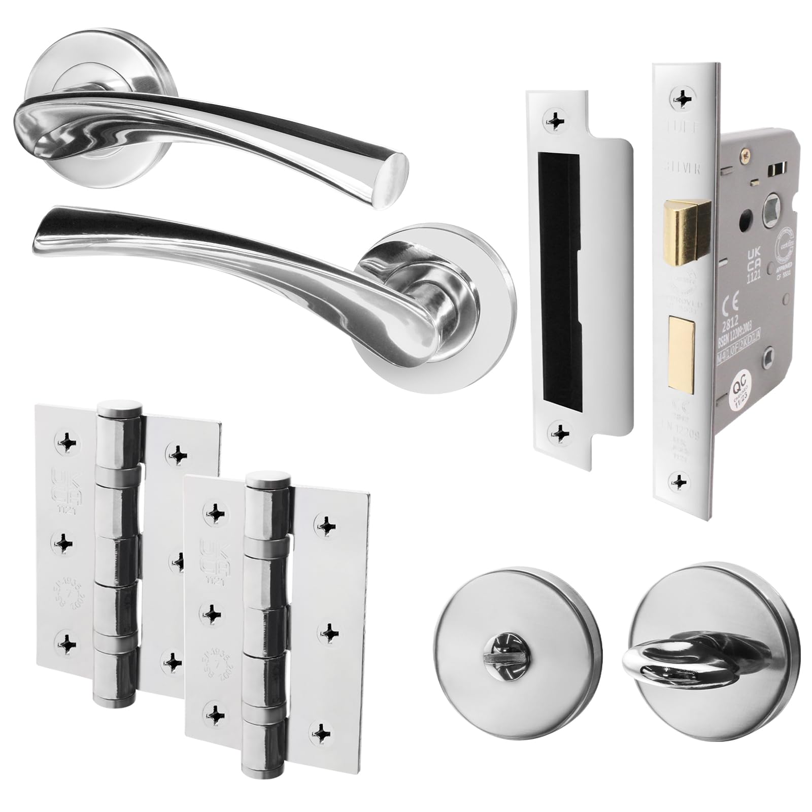 EAI Chrome Bathroom Door Handle Set | Round Internal Door Handles, Thumb Turn & Release Set, Lock & Hinges (76mm) | Polished Chrome Novoli Range