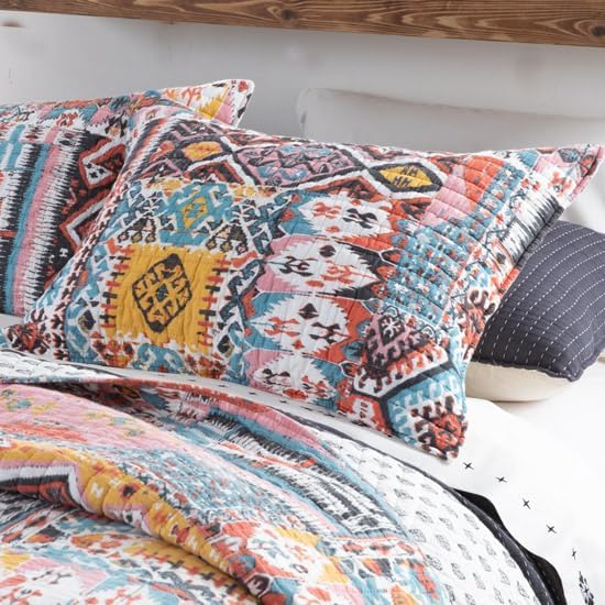 Rod's Sierra Canyon Standard Sham - Southwest Patchwork - Blue Gold Red Pink Grey - Standard Pillow Sham Size (26x20in) - Reversible - Cotton
