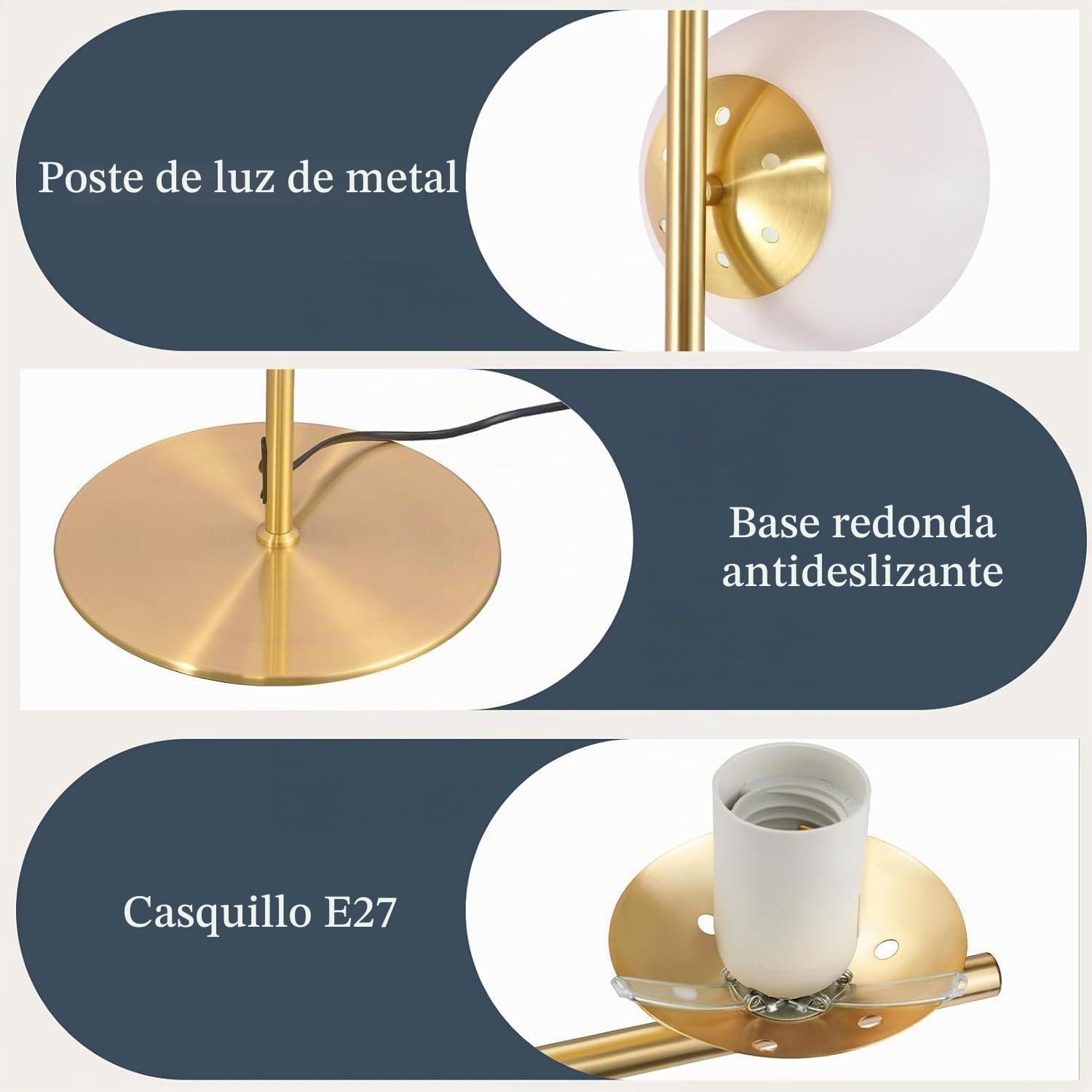 ZMH Lámpara de pie moderna dorada con 3 luces de cristal E27 | Estructura metálica con interruptor de pie para salón dormitorio u oficina bombillas no incluidas