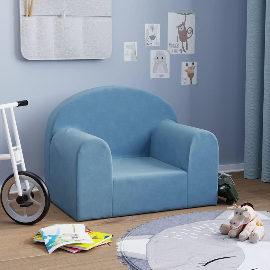 vidaXL Canapé pour Enfants, Siège avec Accoudoirs, Fauteuil avec Dossier pour Tout-Petits, Meuble de Chambre Maison, Bleu Peluche Douce