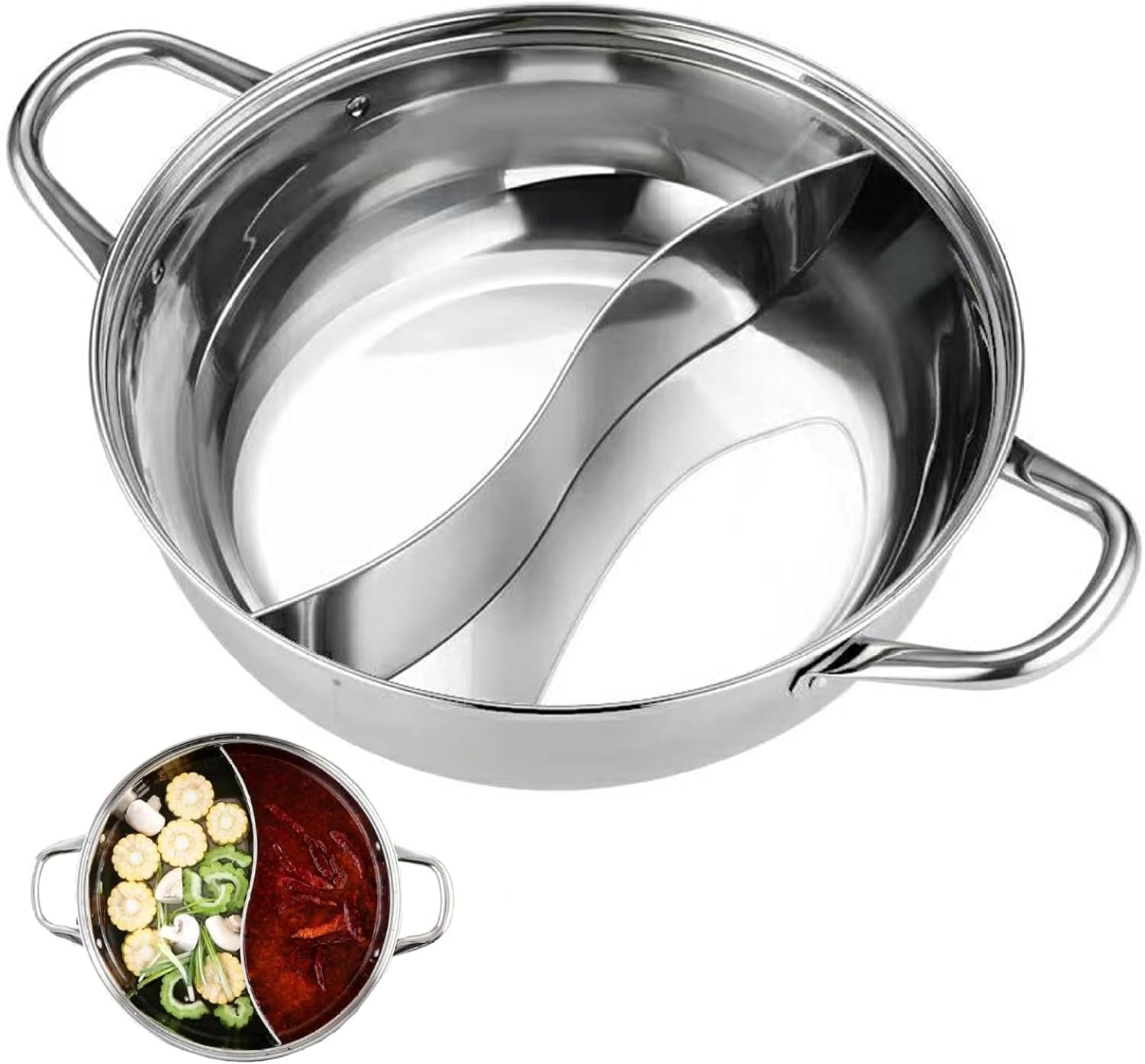 Crega Premium Stainless Steel Divided Hot Pot, Dual Compartment Cooking Pot Compatible with Induction Cooktop and Gas Stove for Soup, Stew, Noodles and Family Dining-image-3
