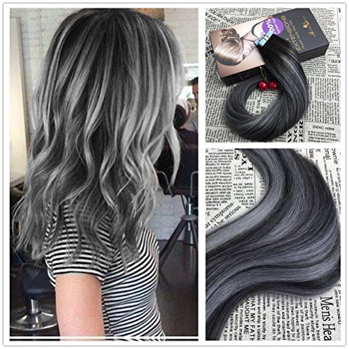 Moresoo 16 Inch Tape in Hair Extensions Off Black #1B to Gray Silver Balayage Two Tone Colored 20pcs/50g Straight Remy Hair Seamless Skin Weft Human Hair Extensions Glue on