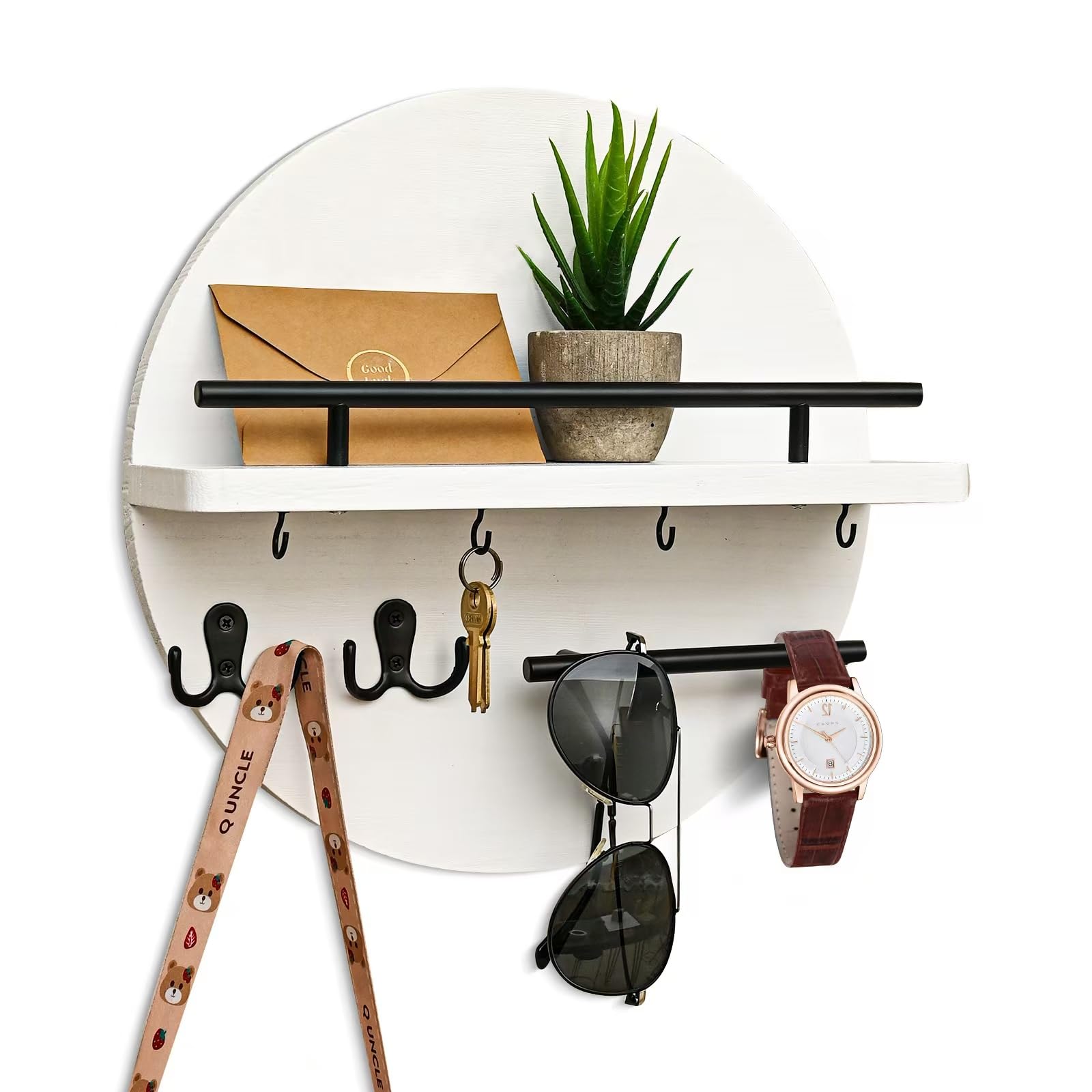 Wall Mounted Key Holder with Hooks,Round Key Organizer for Entryway, Rustic Wooden Key Hooks Wall Décor, Space-Saving Key Holder Shelf for Home Office, Keys Holder & Mail Station (White & Black)