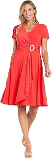 R&amp;M Richards Women's Faux Wrap Solid Cascade Dress W/Rhinestone Buckle &amp; Short Sleeves