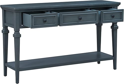 Miniatura 3 de Merax Mesa de entrada extra larga con 3 cajones y estante inferior, mesas de sofá con marco de madera de pino y patas (azul marino)