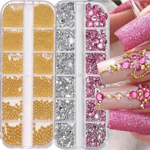 3000pcs Nail Charms and Gems Mini Small Nail Beads Stainless Steel Beads Nails Art Decorations Gun Grey Nail Studs Gold Caviar Nail Charms DIY Tool Nail Studs Accessories Caviar Beads for Nails