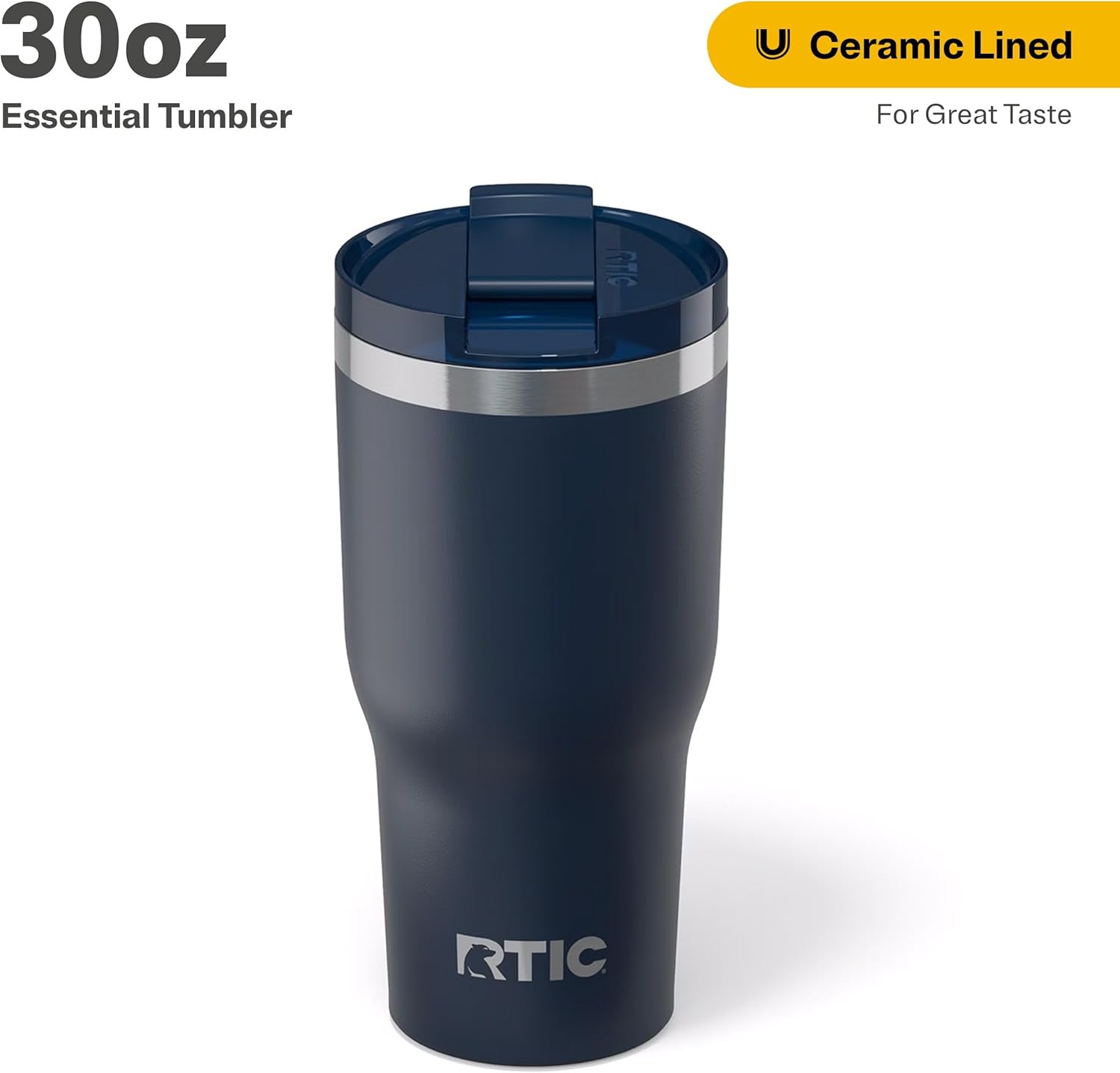 RTIC 30oz Essential Tumbler with Lid, Ceramic Lined, Insulated, Stainless Steel, Metal, Double Wall Vacuum-Insulation, Travel Cup for Iced Coffee, Tea, Hot and Cold Drink, Navy 30 Ounces Navy