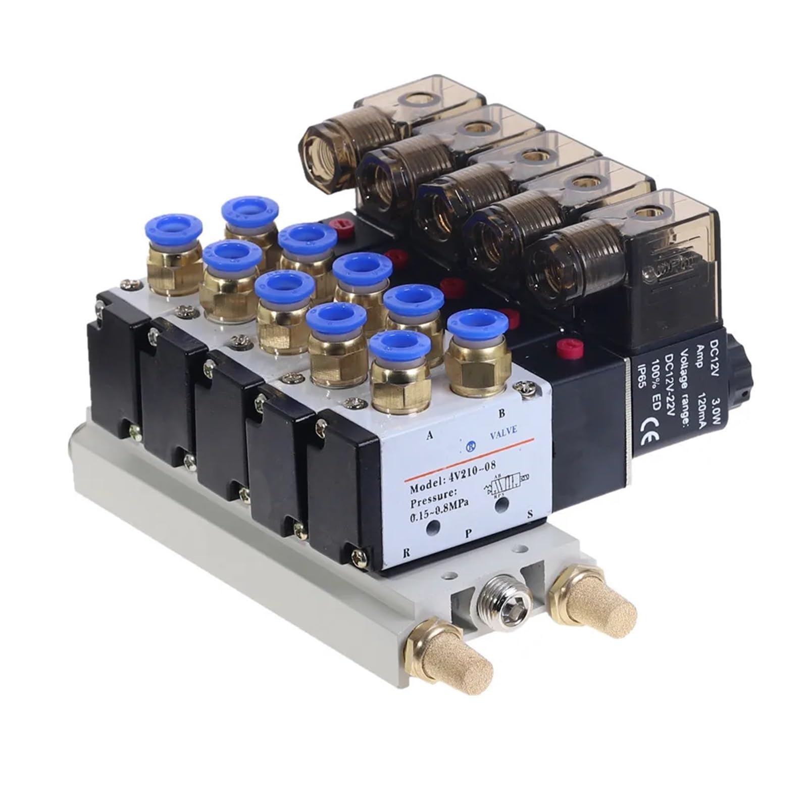 IEUMJNAT 4V210-08 DC 12V 24/AC110V 220V Quintuple Solenoid Valve 6/8/10mm Connectors Silencers Base Set6-02(10mm Fittings,DC12V)