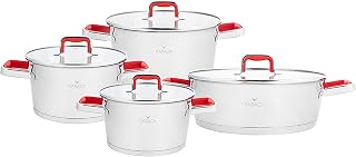 Karaca Merlot Stainless Steel Induction Cookware Set, 8 Piece, Red and Silver Handle, Silver Red