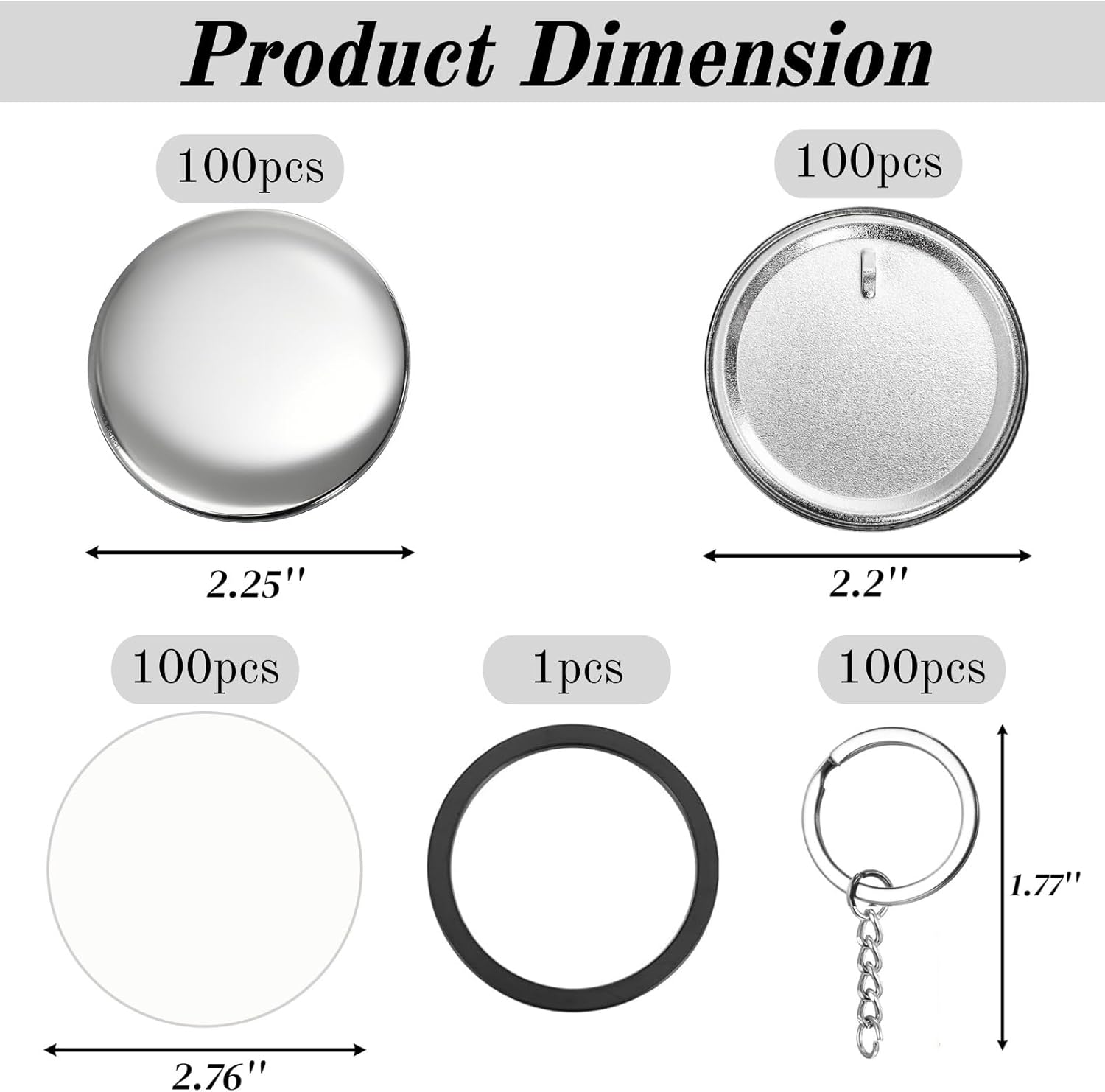 ZAVOOS 100 Pack Button Maker Keychain Supplies, 58 mm / 2.25 Inch Metal Keychain Making Kit for Button Maker Machine, Blank Badge Set with Metal Shell Back Cover, Plastic Film, Chain, Ring for DIY