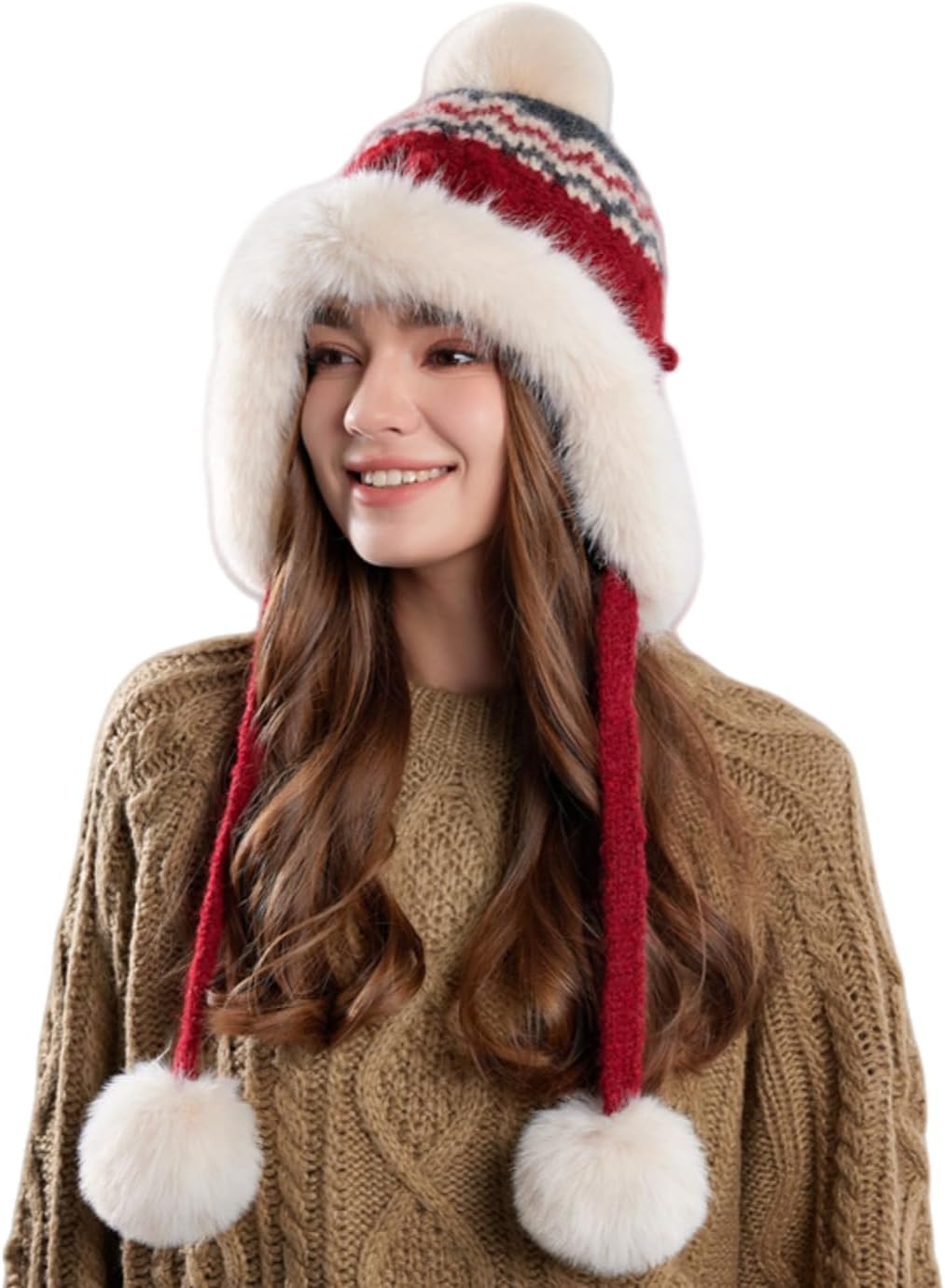 JIAHG Women Winter Warm Beanie Hat with Earflaps 3 Faux Fur Pompoms Peruvian Ski Cap Slouchy Jacquard Cable Knit Trapper Hat