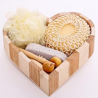 Suniney Heart-shaped Wooden Tray Bath Set, Natural Bamboo Bathtub Tray Kit Wood Bath Tray Including Bath Sponge/Body Scrubber/Wooden Massage Comb/Whetstone/Facial Massager for Men Women Shower Gifts Spa Tub Table Bathtub Accessories Bathroom Supplies