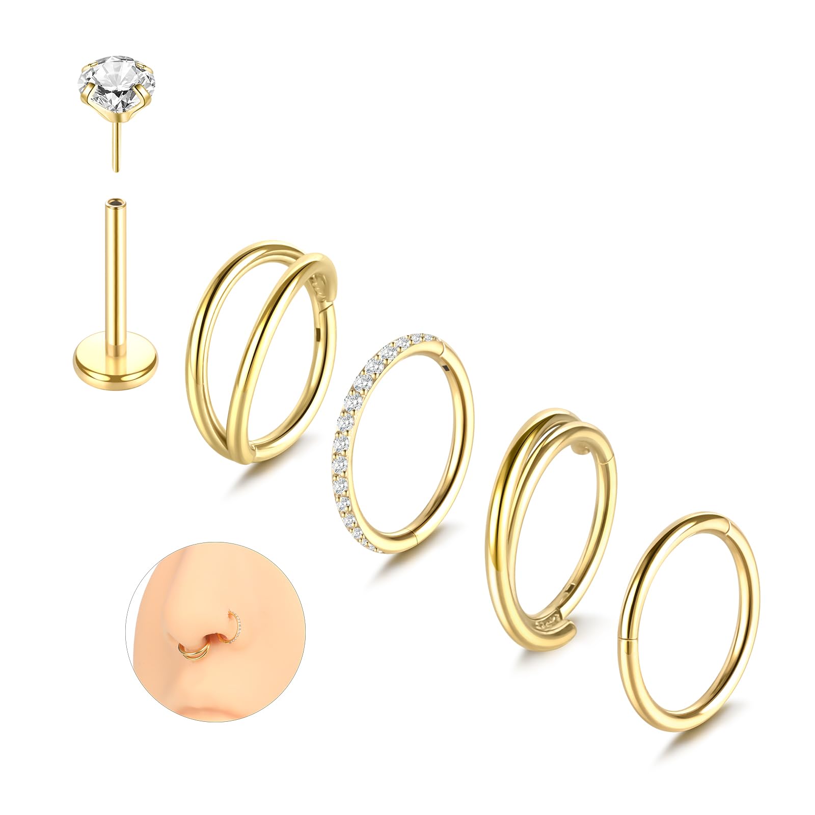 Aumeo 20G 18G 16G Nose Rings Hoops 316L Surgical Steel Double Hoop Nose Ring Septum Rings Threadless Nose Stud Tragus Helix Cartilage Daith Piercing