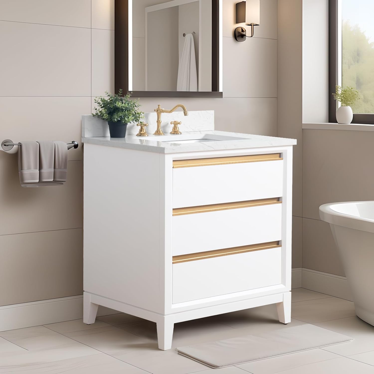 HOMEBEYOND 30 Inch Bathroom Vanity with Sink & Ceramic Top, Vanity Cabinet with Solid Wood Frame, Soft-Closing Doors, Drawers, White