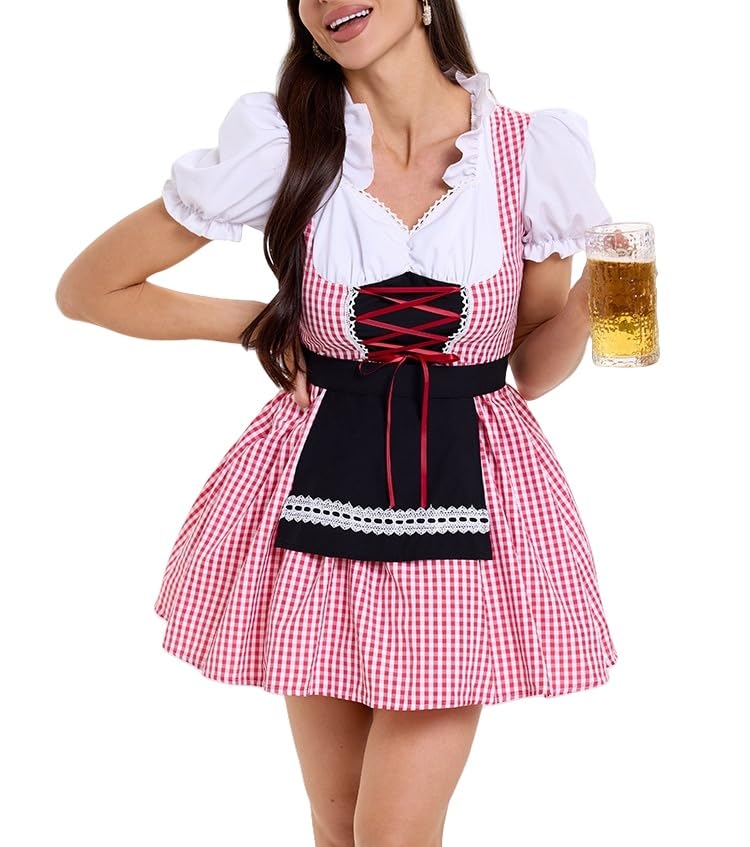 Damen Mini Karokleid Bayerisches Oktoberfest Kostüm – Traditionelles Deutsches Dirndl Kostüm Outfit Cosplay Rollenspiel für Bierfest, Karneval,...