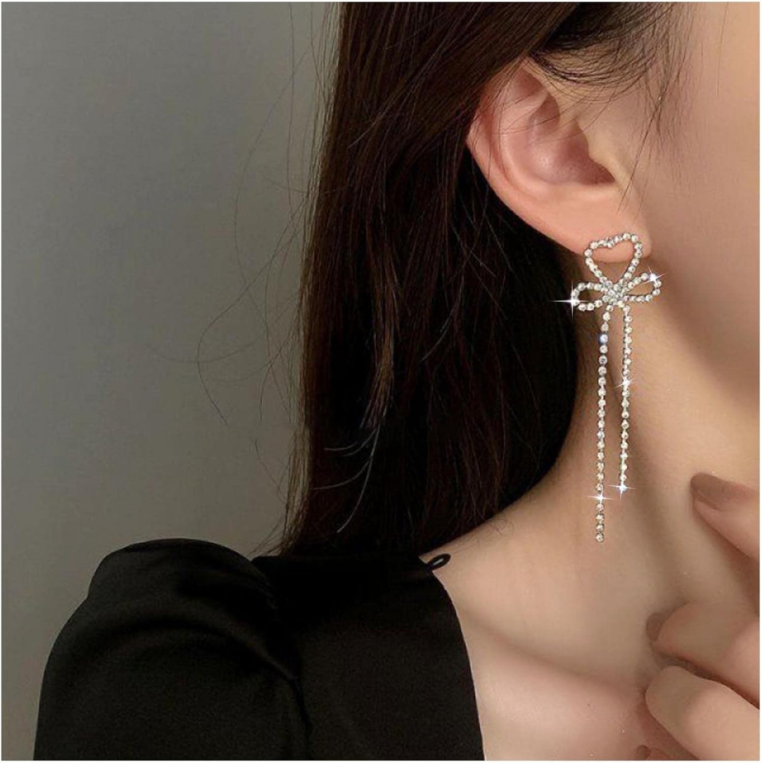 Vintage Rhinestone Chandelier Tassel Earrings Long Chandelier Heart Earrings Cz Bow Drop Earrings Silver Crystal Tennis Chain Dangle Earrings Jewelry for Women - Image 5