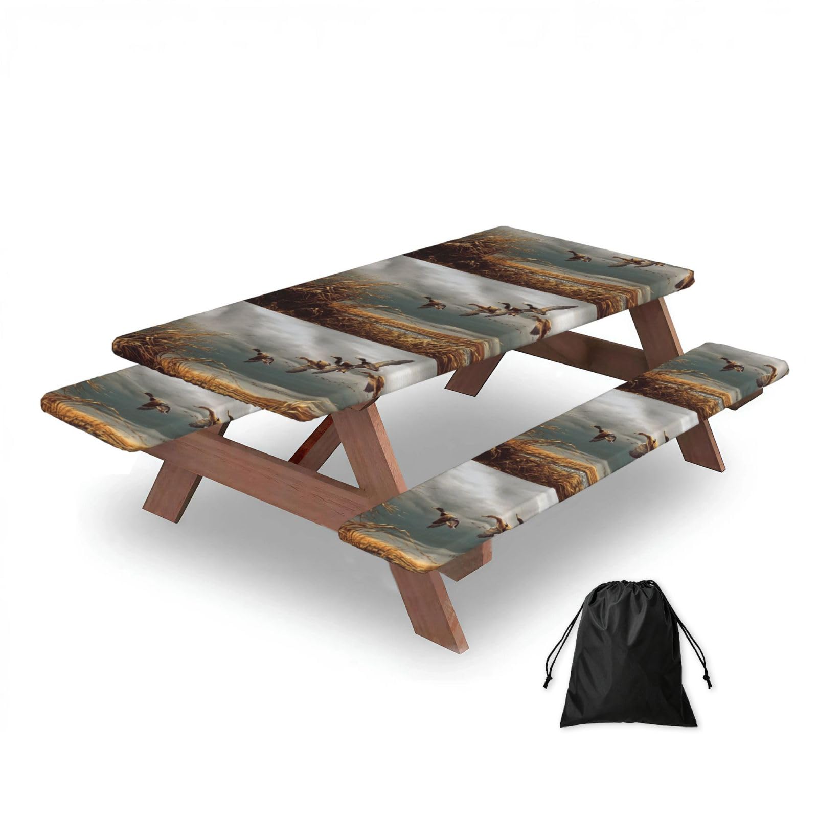 Dopklna As Picture Hunting Flying Wild Ducks, Picnic Table Cover With Bench Covers -Waterproof Elastic Fitted Tablecloth For Garden Camping Patio 76X152cm