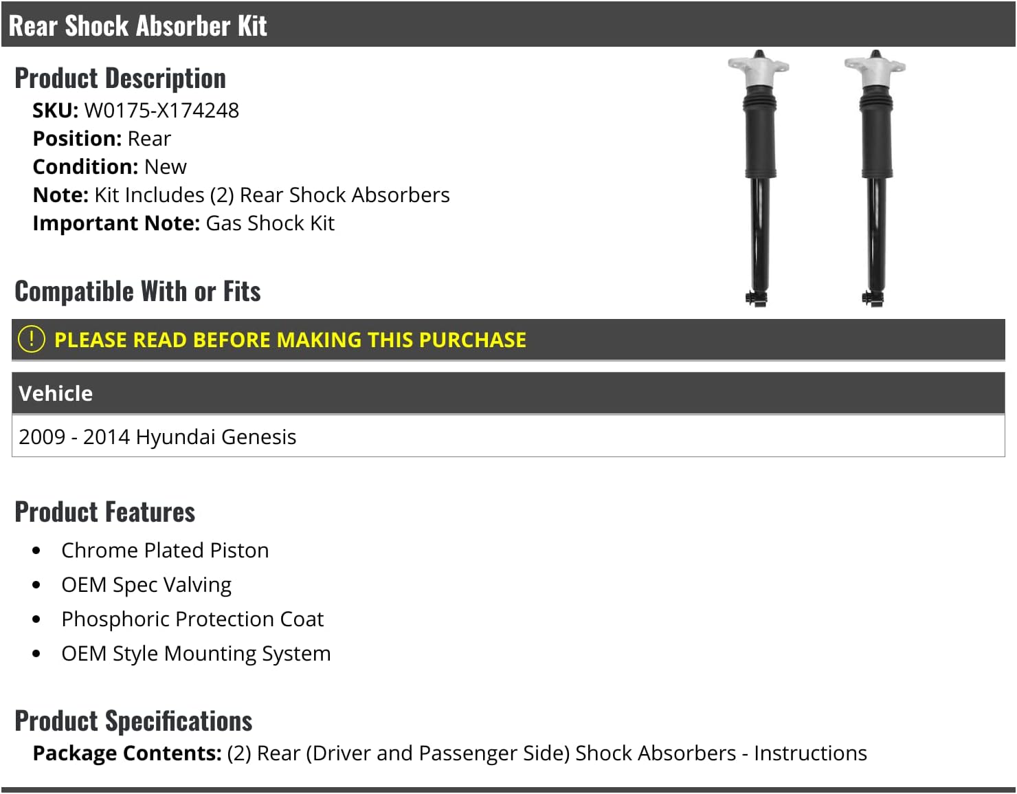 Rear Gas Shock Absorber Kit - 2 Piece - Compatible with 2009-2014 Hyundai Genesis