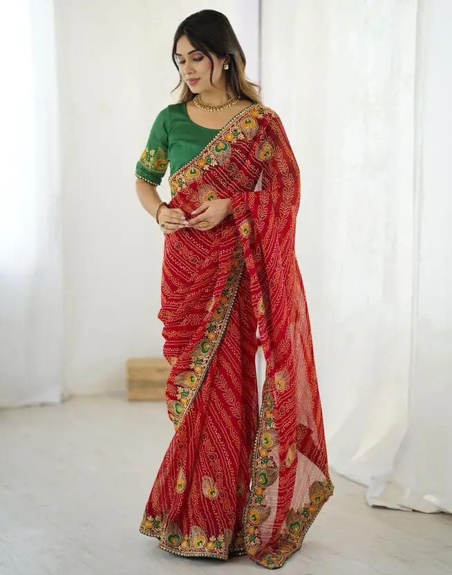 Image of Women's Georgette Bandhani Printed Embroidery Saree with Unstitched Blouse Piece
