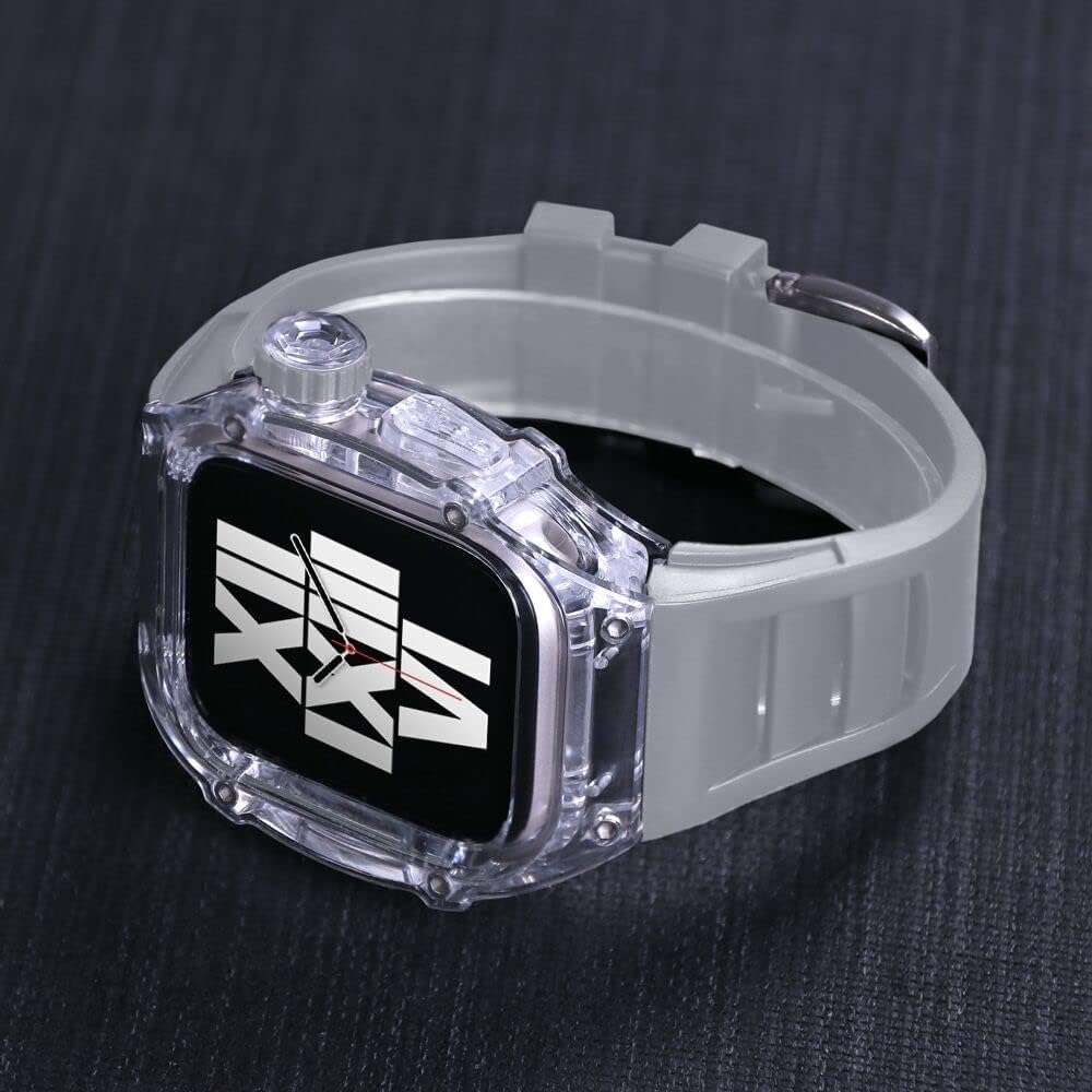 Przezroczyste etui do zegarka, gumowy pasek, zestaw modów, do Apple Watch 8/7/6/5/4/SE, przezroczyste etui na zegarek sportowy, oddychający pasek, do iWatch 45 mm, 44 mm, akcesoria zamienne