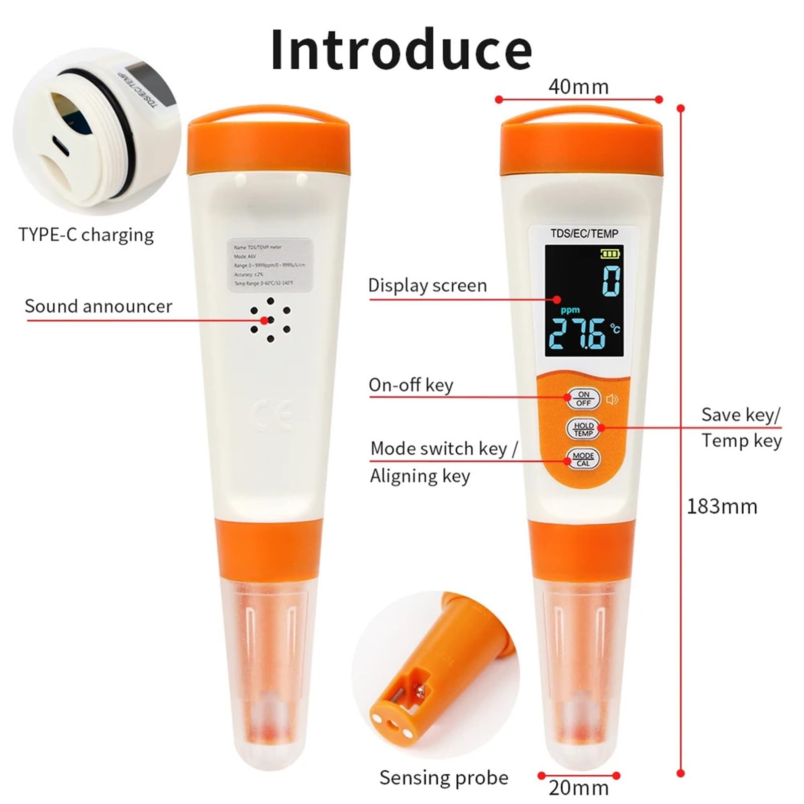 Tester di qualità Acqua Multifunzionale 3 in 1 vocale, rilevatore Digitale TDS EC, misuratore Temperatura for Piscine e acquari con retroilluminazione Alta precisione