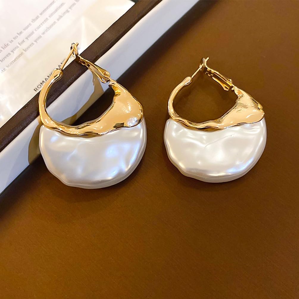 Trendy Gold Half Round Moon Pearl Earrings Statement for Women, Charm Vintage Unique Chunky Irregular Pearl Hoop Earrings Dainty Valentine Jewelry Gift - Image 8