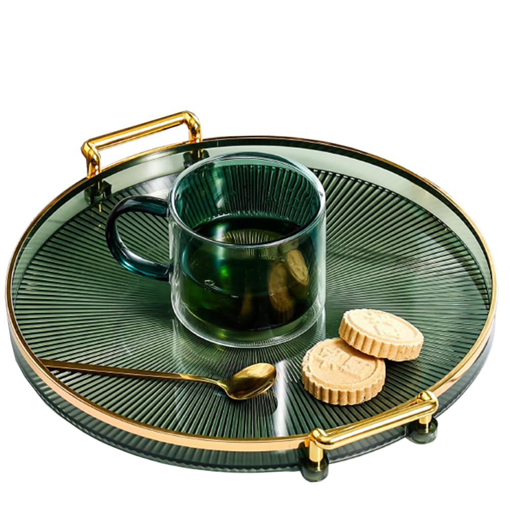 10.6" Round Decorative Tray with Handle, Modern Vanity Tray & Ottoman Serving Tray for Coffee Table, Kitchen & Bathroom, Plastic, Dark Green