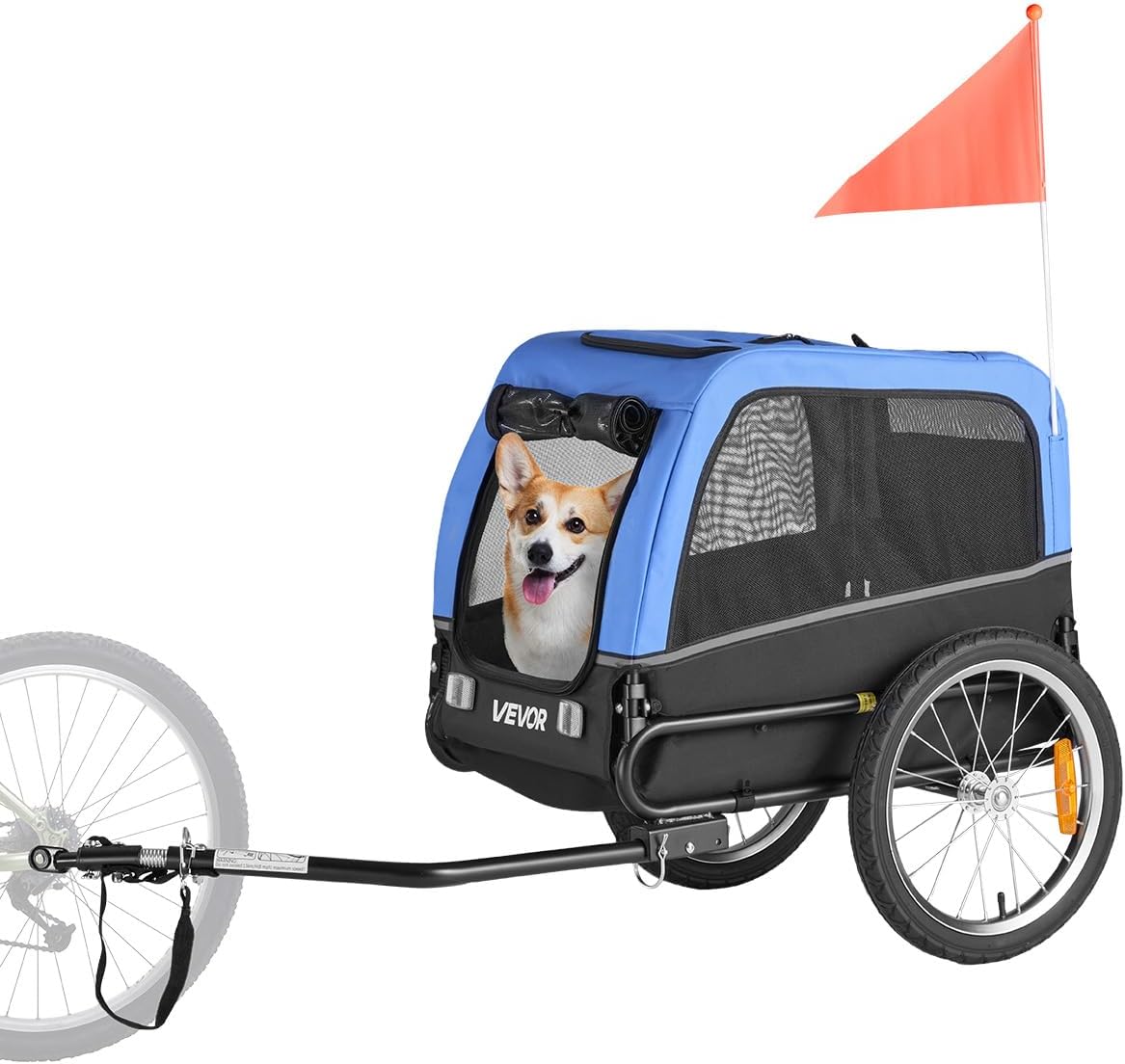 VEVOR Dog Bike Trailer, Supports up to 66 lbs, Pet Cart Bicycle Carrier for Small & Medium Dogs, Easy Folding Frame with Quick Release Wheel, Universal Bicycle Coupler, Reflector, Flag, Internal Leash Blue/Black