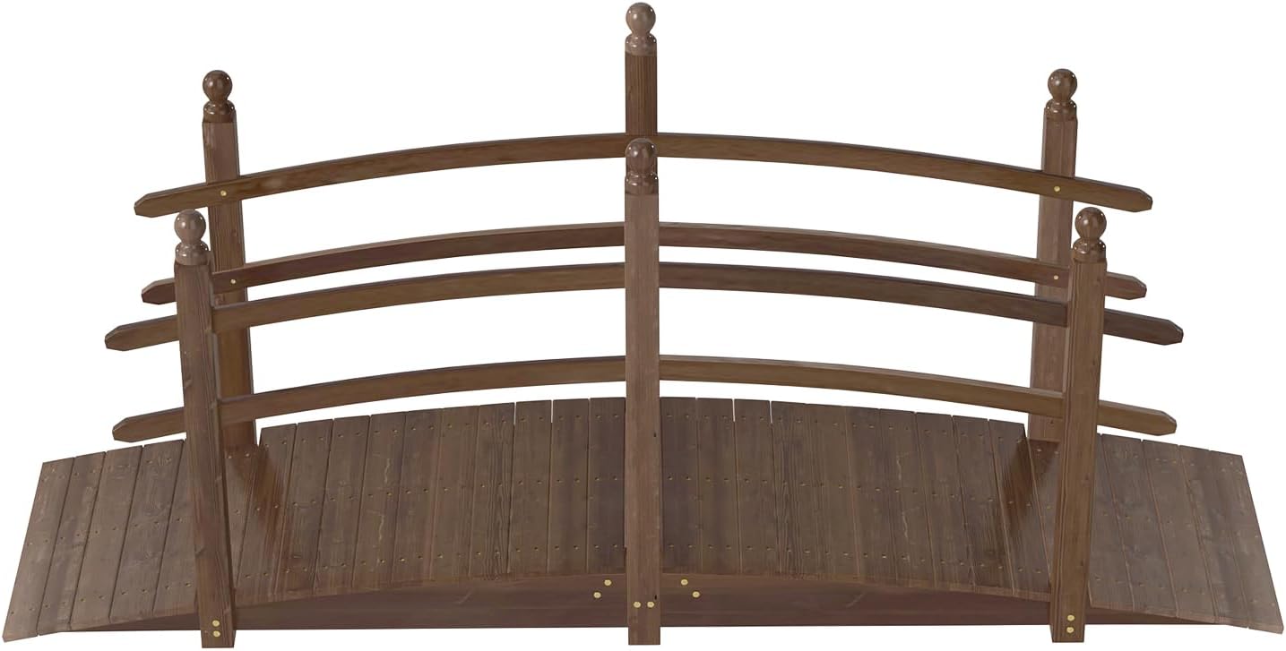 Kinfant 7.5FT Wooden Garden Bridge with Double Safety Railings – Solid Fir Wood, Carbonized Finish, Extra Long Decorative Arch Footbridge for Pond, Stream, Pathway, Backyard, Patio & Landscape