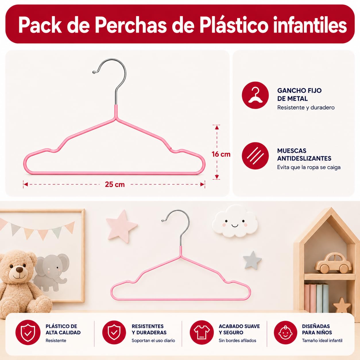 Percha de Plástico Infantil Rosa y Blanca 25 cm Pack 120 COM-FORT HOUSE