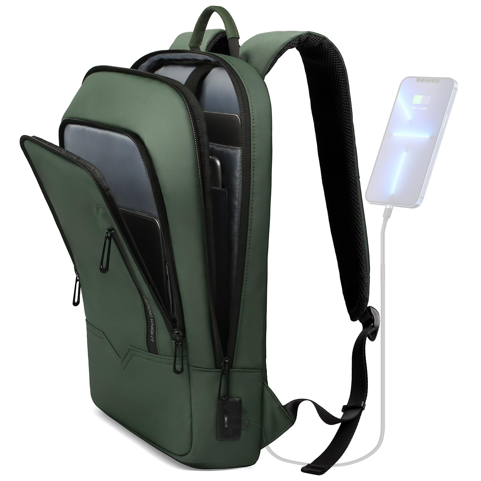 hk Backpack for Men, Business Slim Computer Bag for 15.6 Inch Laptop | Anti-Theft Travel Backpack, Dual USB A&C, Water Resistant, for Work Office Commute College, Green