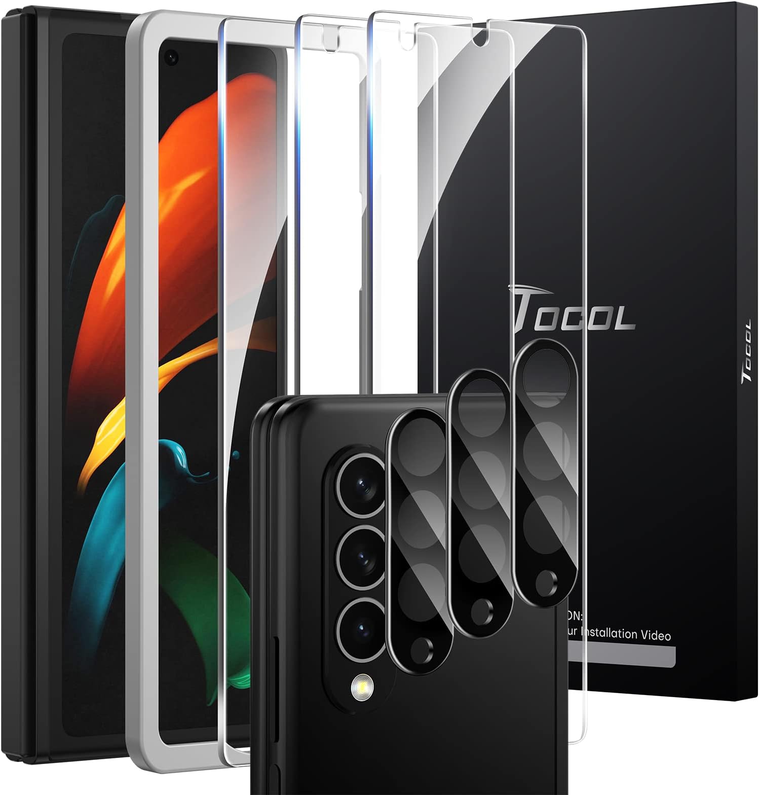 TOCOL Screen Protector Pack for Samsung Galaxy Z Fold 4 - 3 Clear Tempered Glass + 3 Camera Protector, Bubble Free, Anti-Scratch, [Alignment Tool]