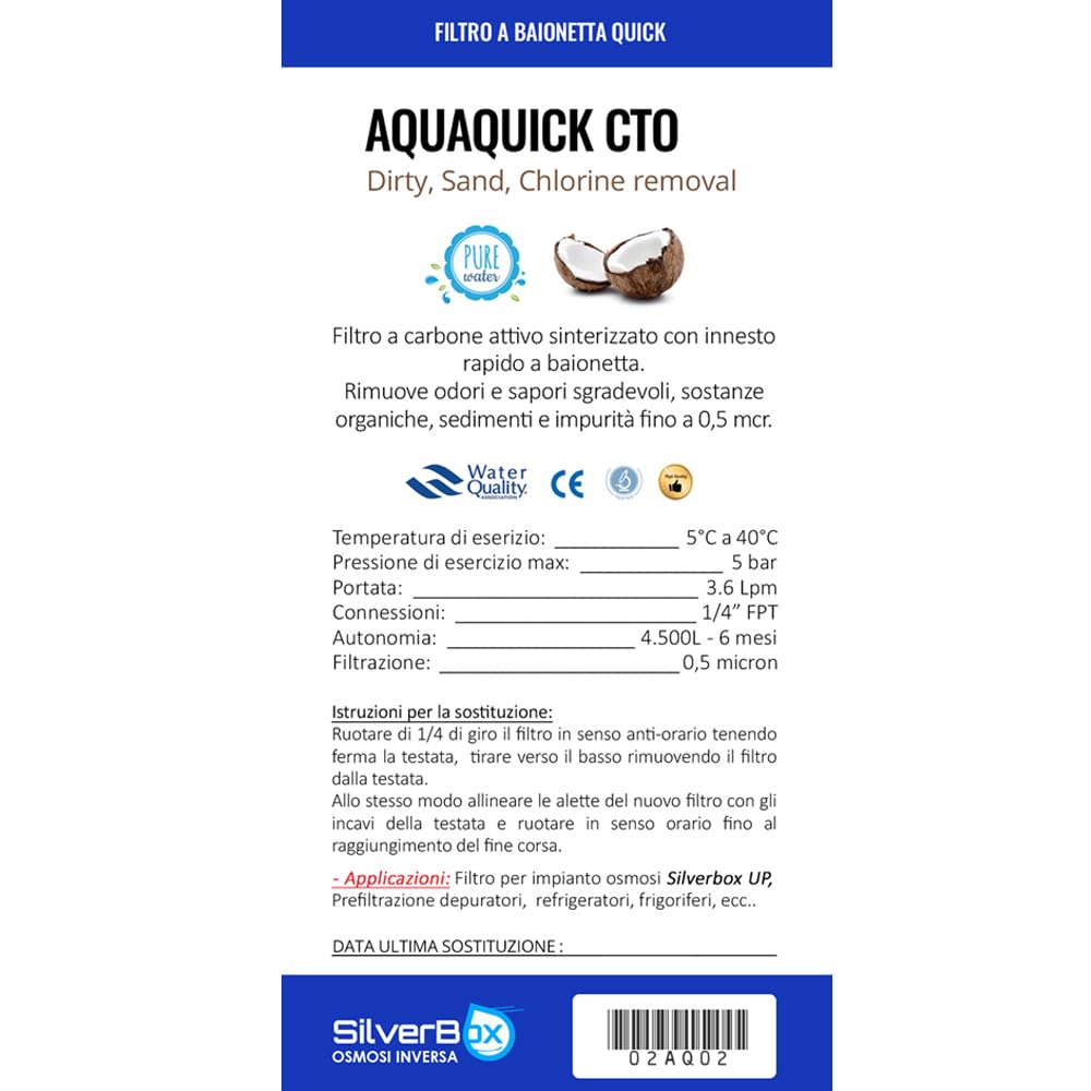 AcquaHOME® AQUAQUICK KIT RICAMBIO FILTRO BI-STADIO ORIGINALE PER IMPIANTO OSMOSI INVERSA SILVERBOX UP DEPURATORE MADE IN ITALY