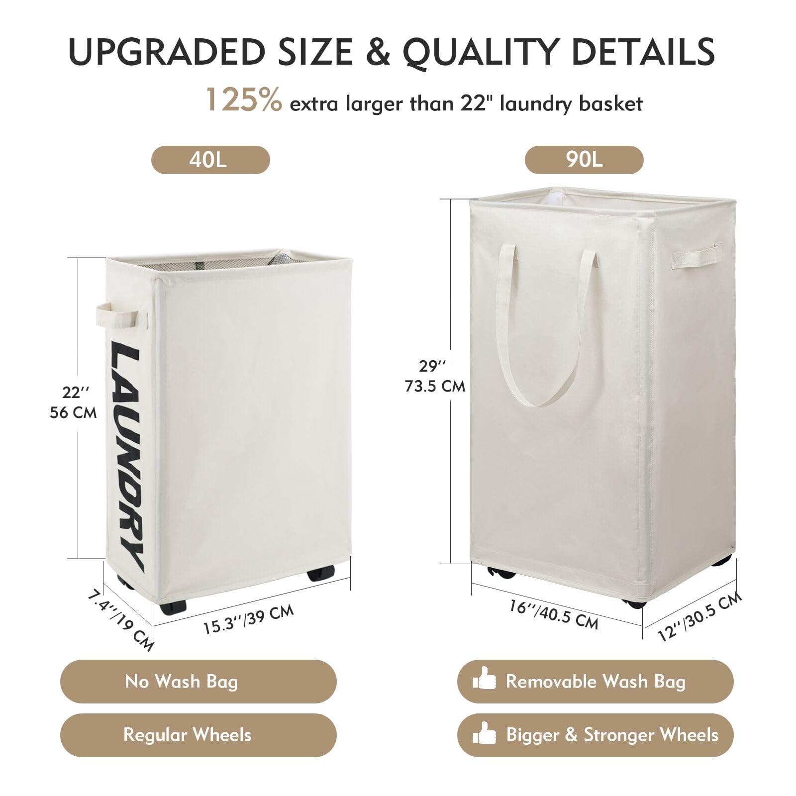 DOKEHOM 90L X-Large Laundry Basket with Removable Wash Bag on Wheels, Collapsible Rolling Laundry Hamper - Image 3