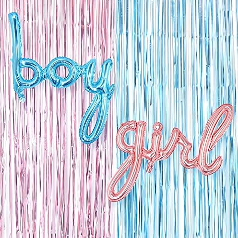 Gender Reveal Decoration Set - Metallic Fringe Curtains + BOY Girl Foil Balloons Gender Reveals Party Photo Backdrop (Pink/Blue) Cover
