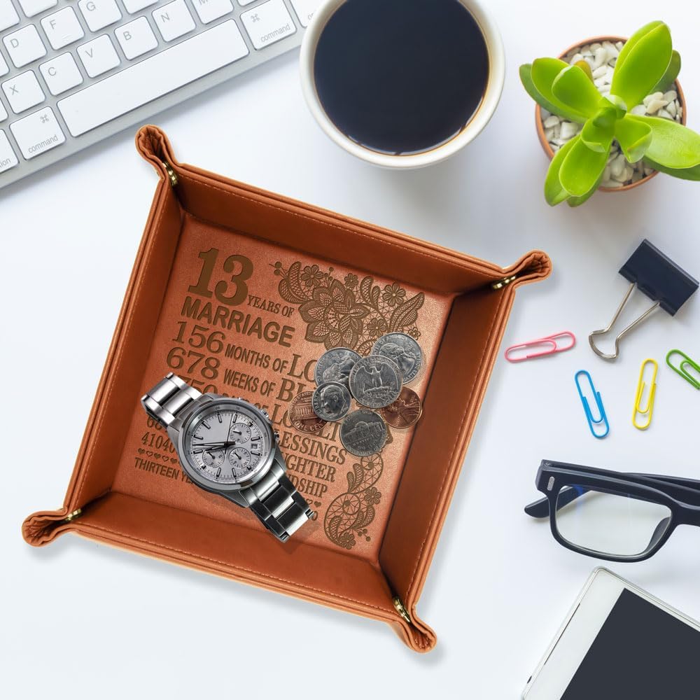 13 Years Anniversary Engraved Leather Tray, Traditional Lace Anniversary, 13 Years Together as Husband and Wife, Boyfriend and Girfriend. Couples Gifts.