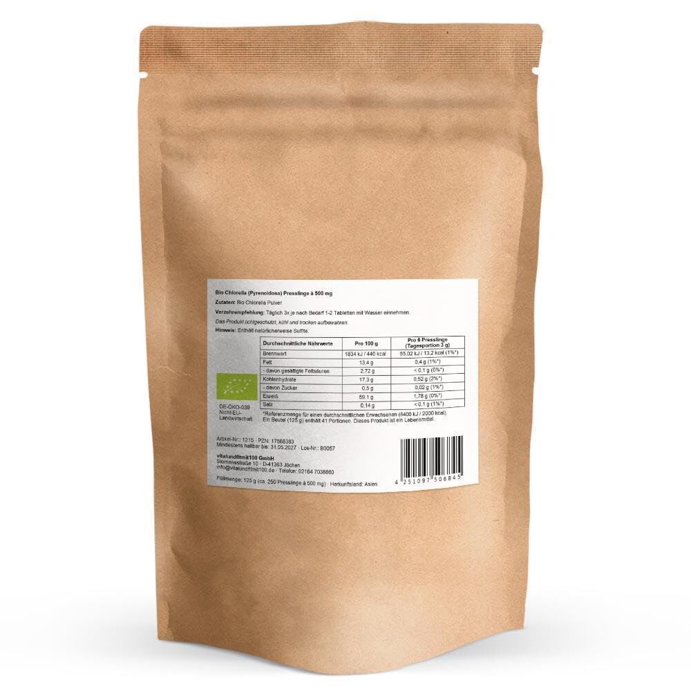 Bio Chlorella Presslinge à 500 mg - (2 Beutel mit je 125 g = ca. 500 Stück) - Naturprodukt - vegan/rein - gentechnikfrei
